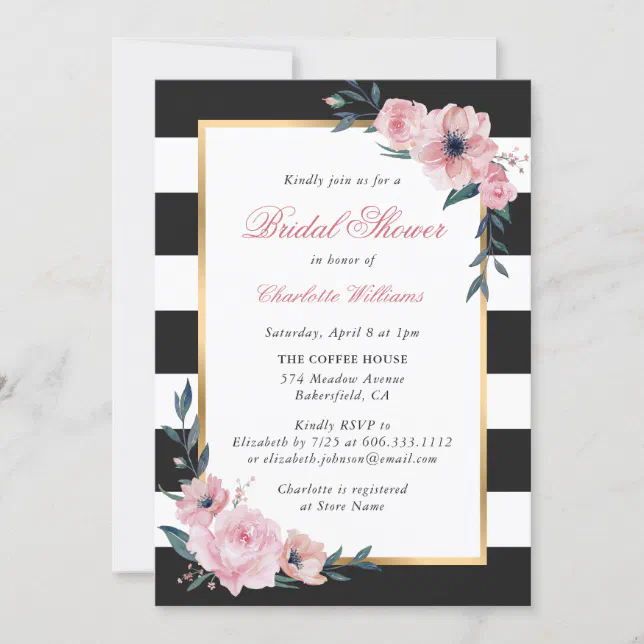 Black Stripes Gold Pink Floral Bridal Shower Invitation Zazzle