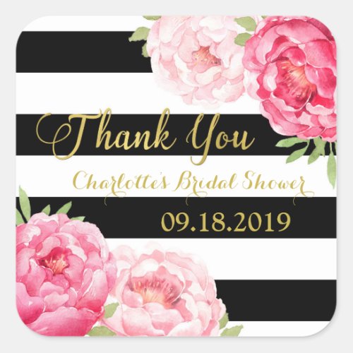 Black Stripes Gold Pink Floral Bridal Shower Square Sticker