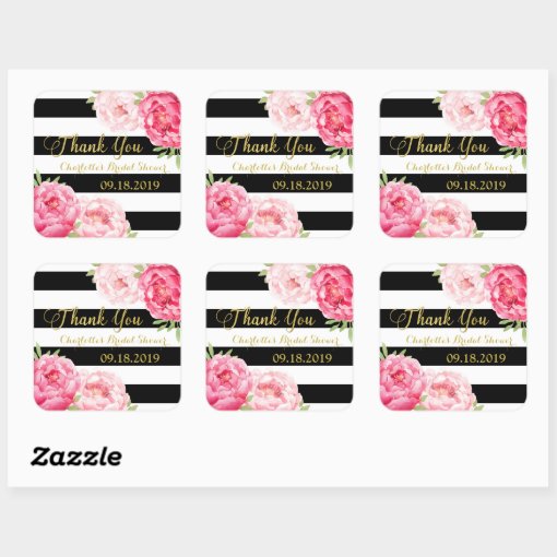 Black Stripes Gold Pink Floral Bridal Shower Square Sticker Zazzle