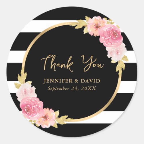 Black Stripes Gold Pink Floral Wedding Thank You Classic Round Sticker