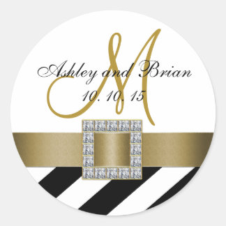 Black Stripes Gold Ribbon Initial Wedding Favor Classic Round Sticker