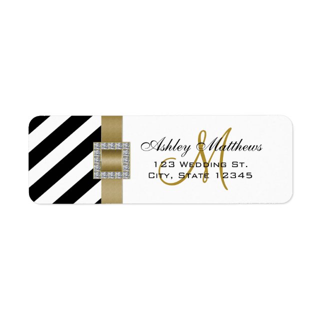 Black Stripes, Gold Ribbon Monogram for Weddings Label (Front)