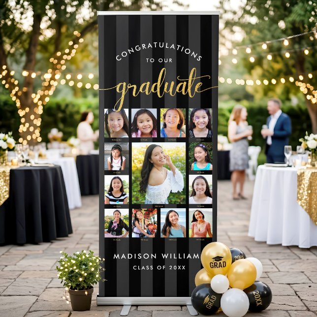 Black Stripes Grad K–12 Gold Script Photo Collage Retractable Banner (Creator Uploaded)
