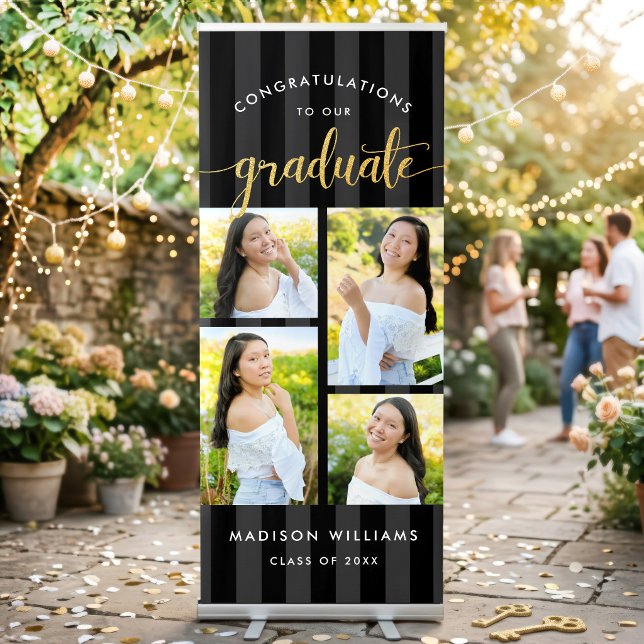 Black Stripes Graduate Gold Script 4 Photo Collage Retractable Banner (Creator Uploaded)