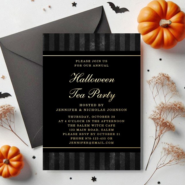 Black Stripes Halloween Tea Party Gold Foil Invitation (Black Stripes Halloween Tea Party Gold Foil Invitation)