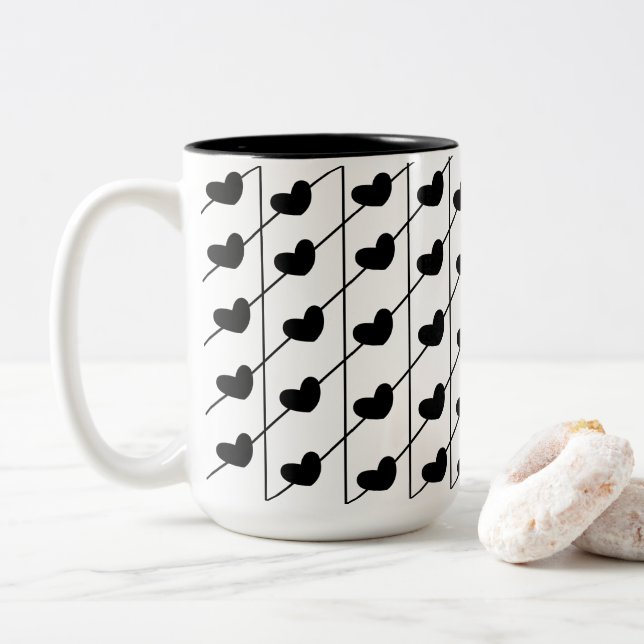 Black Stripes Hearts Two-Tone Coffee Mug (With Donut)