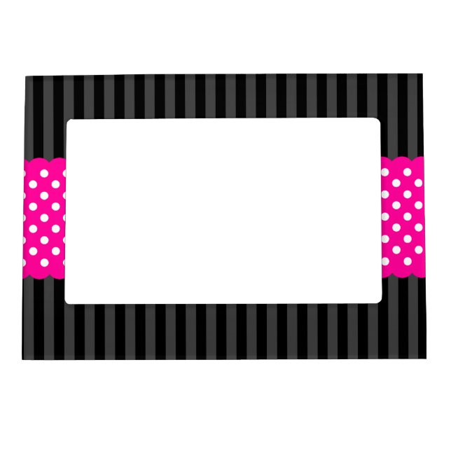 Black Stripes Hot Pink Polka Dots Magnetic Frame (Front)