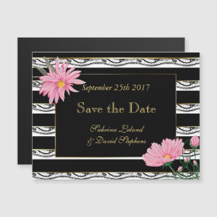 Black Stripes Lace and Pink Daisies Save the Date Magnetic Invitation