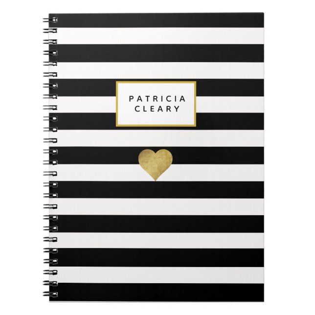 Black Stripes & Metallic Gold Heart Notebook (Front)