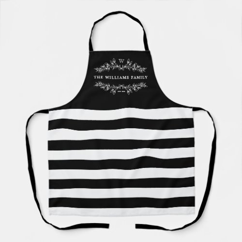 Black Stripes Monogram Hand_Drawn Half Wreath Apron