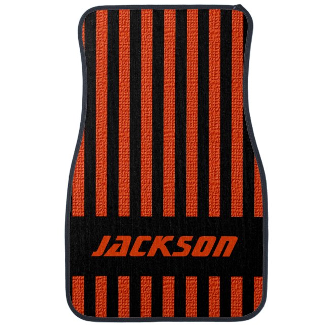 Black Stripes | Orange Burlap Textured Print Car Mat (Front)
