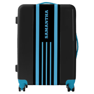 Black Stripes Pattern Blue Background Monogram Luggage
