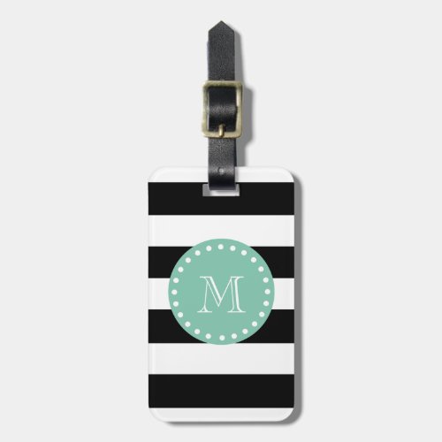 Black Stripes Pattern Mint Green Monogram Luggage Tag