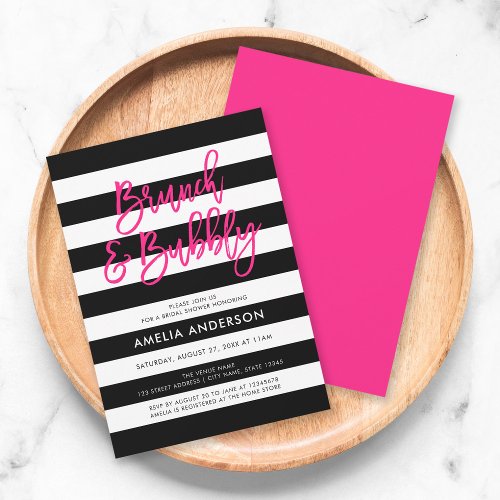 Black Stripes Pink Brunch  Bubbly Bridal Shower Invitation