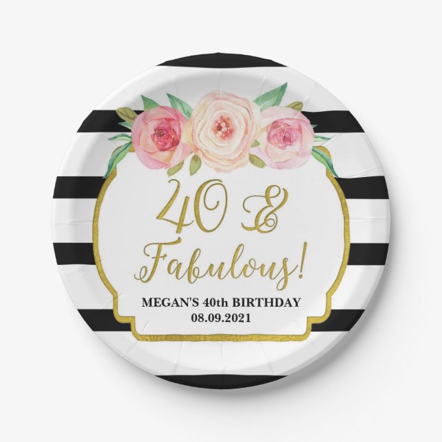 Black Stripes Pink Floral 40 and Fabulous Birthday Paper Plates (Front)