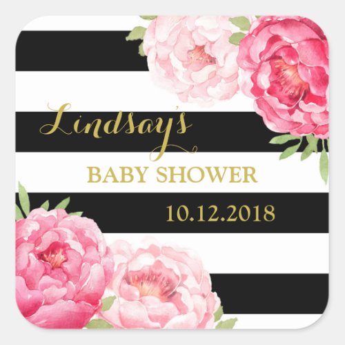 Black Stripes Pink Floral Baby Shower Favor Tags