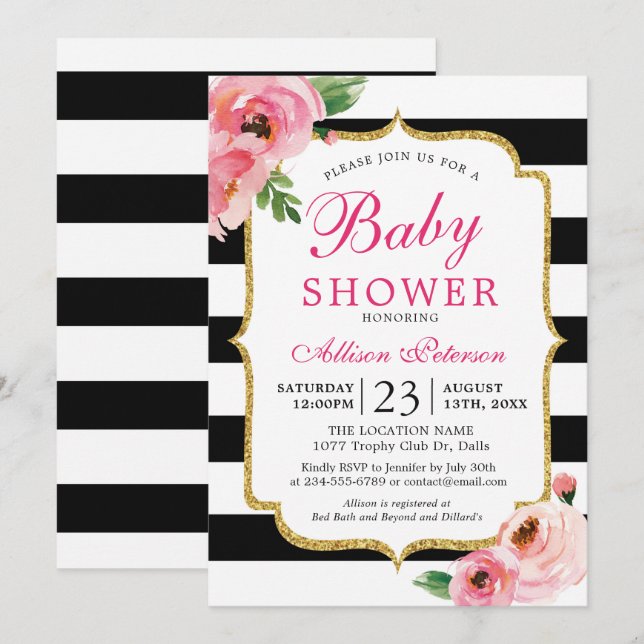 Black Stripes Pink Floral Baby Shower Invitation (Front/Back)