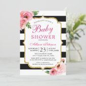Black Stripes Pink Floral Baby Shower Invitation (Standing Front)