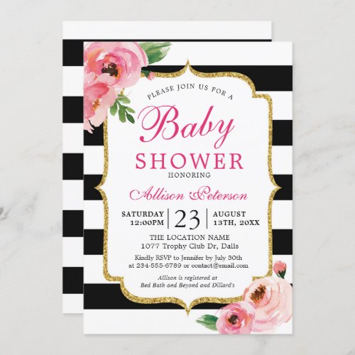 Black Stripes Pink Floral Baby Shower Invitation