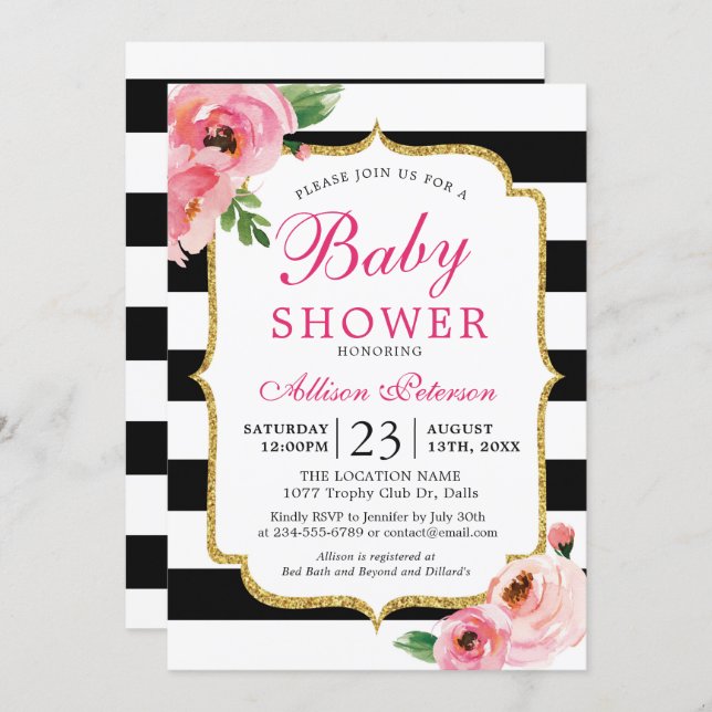 Black Stripes Pink Floral Baby Shower Invitation (Front/Back)