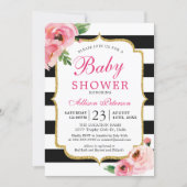 Black Stripes Pink Floral Baby Shower Invitation (Front)