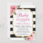Black Stripes Pink Floral Baby Shower Invitation