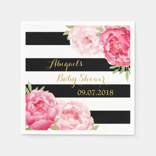 Black Stripes Pink Floral Baby Shower Napkins