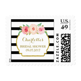 Black Stripes Pink Floral Bridal Shower Stamps