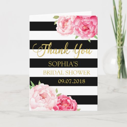 Black Stripes Pink Floral Bridal Shower Thank You