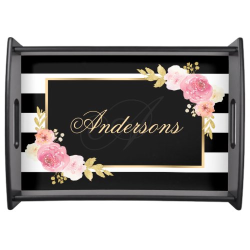 Black Stripes Pink Floral Family Name Monogram Serving Tray