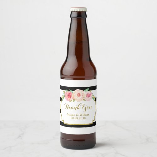 Black Stripes Pink Floral Gold Beer Label