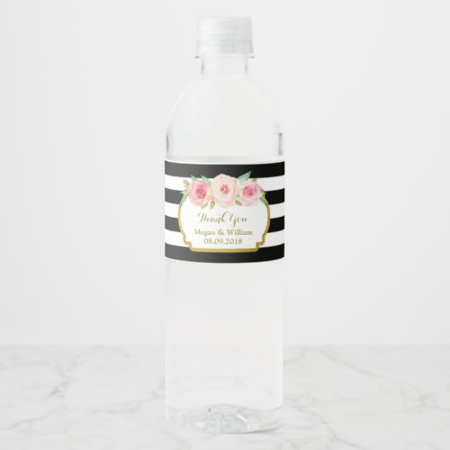 Black Stripes Pink Floral Gold Water Bottle Label