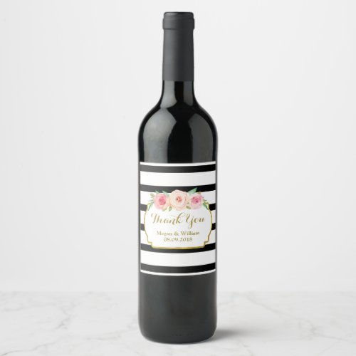 Black Stripes Pink Floral Gold Wine Label