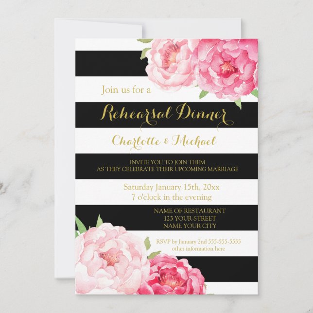 Black Stripes Pink Floral Rehearsal Dinner Party Invitation (Front)