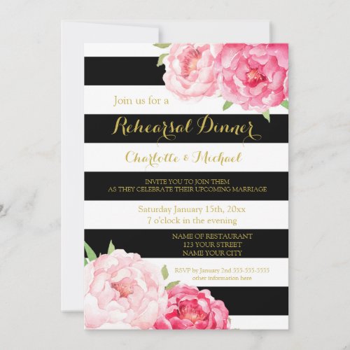 Black Stripes Pink Floral Rehearsal Dinner Party Invitation