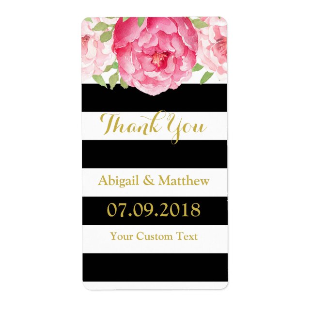 Black Stripes Pink Floral Wedding Labels (Front)