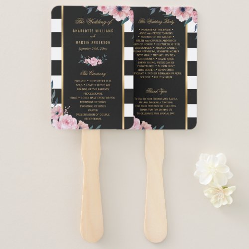 Black Stripes Pink Floral Wedding Program Hand Fan