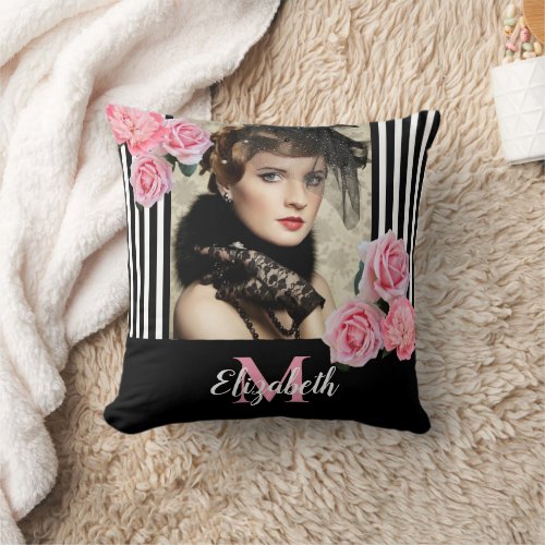 Black stripes pink florals monogram photo throw pillow