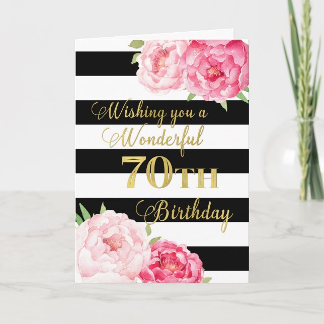 Black Stripes Pink Flowers Happy 70th Birthday Card (Front)