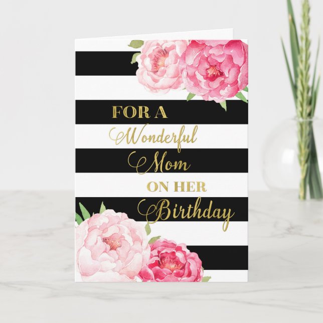 Black Stripes Pink Flowers Mom Birthday Card (Front)