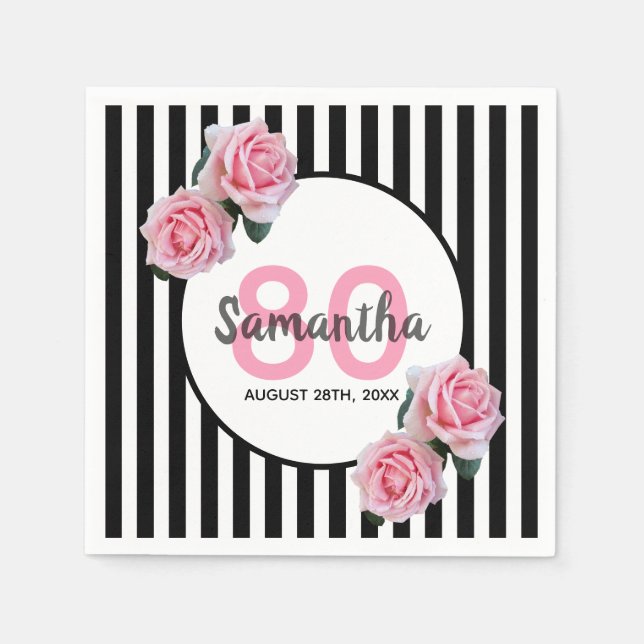 Black stripes pink flowers name 80th birthday napkins (Front)
