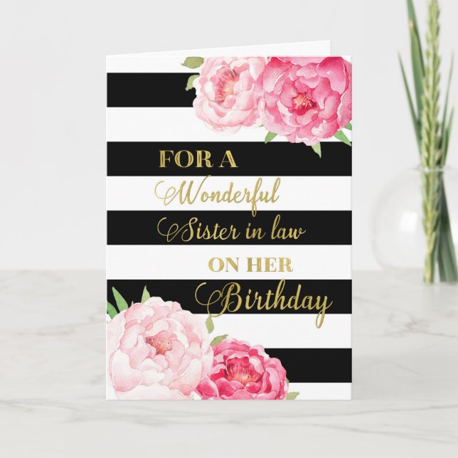Black Stripes Pink Flowers Sister in law Birthday Card (Front)