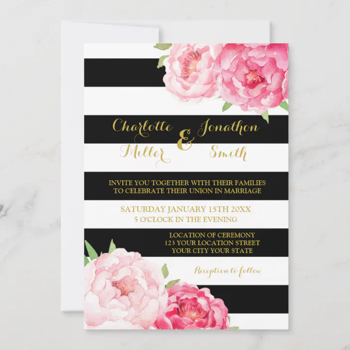 Printable Customizable Pink Peony with Black and White Stripes Bridal Shower Invitation