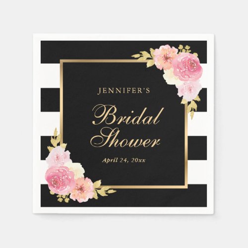 Black Stripes Pink Watercolor Floral Bridal Shower Napkins