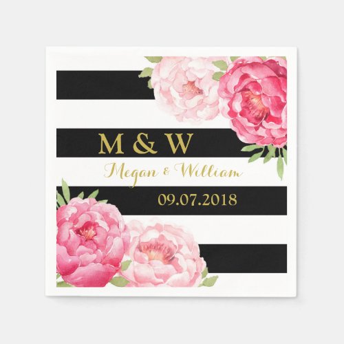 Black Stripes Pink Watercolor Wedding Monogram Paper Napkins