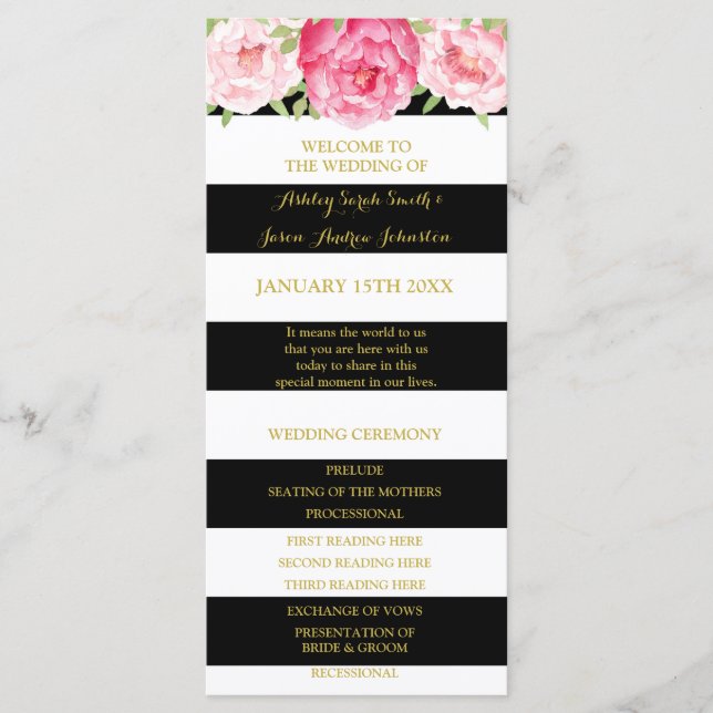 Black Stripes Pink Watercolor Wedding Program (Front)