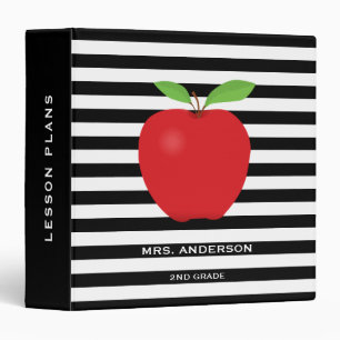 Black Stripes, Red Apple Personalized Teacher 3 Ring Binder