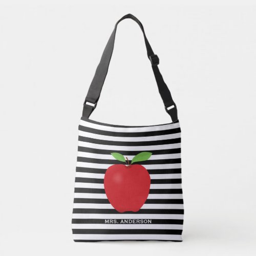 Black Stripes Red Apple Personalized Teacher Crossbody Bag