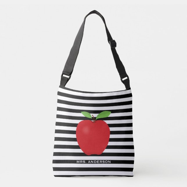 Black Stripes, Red Apple Personalized Teacher Crossbody Bag (Front)