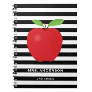 Black Stripes, Red Apple Personalized Teacher Notebook